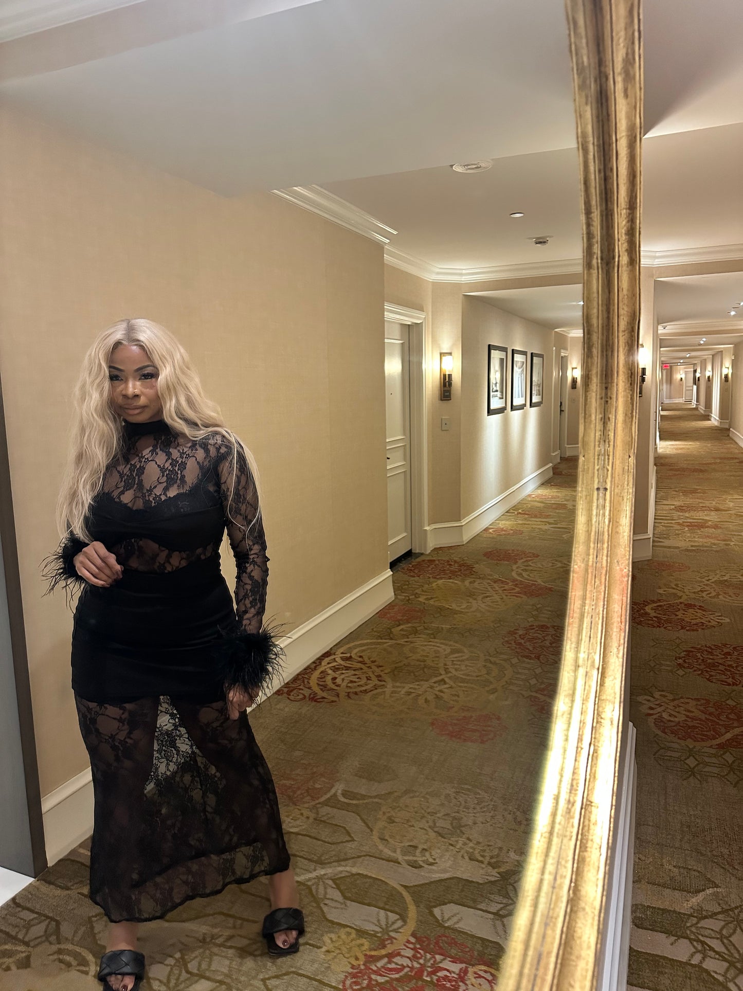 Covered in lace dress in black