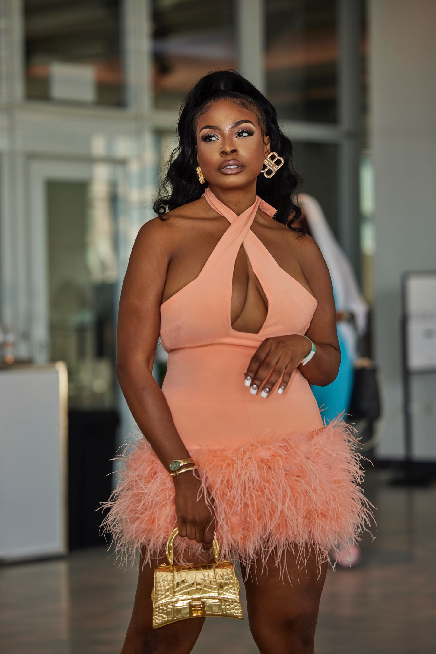 Ibi feather dress in Peach