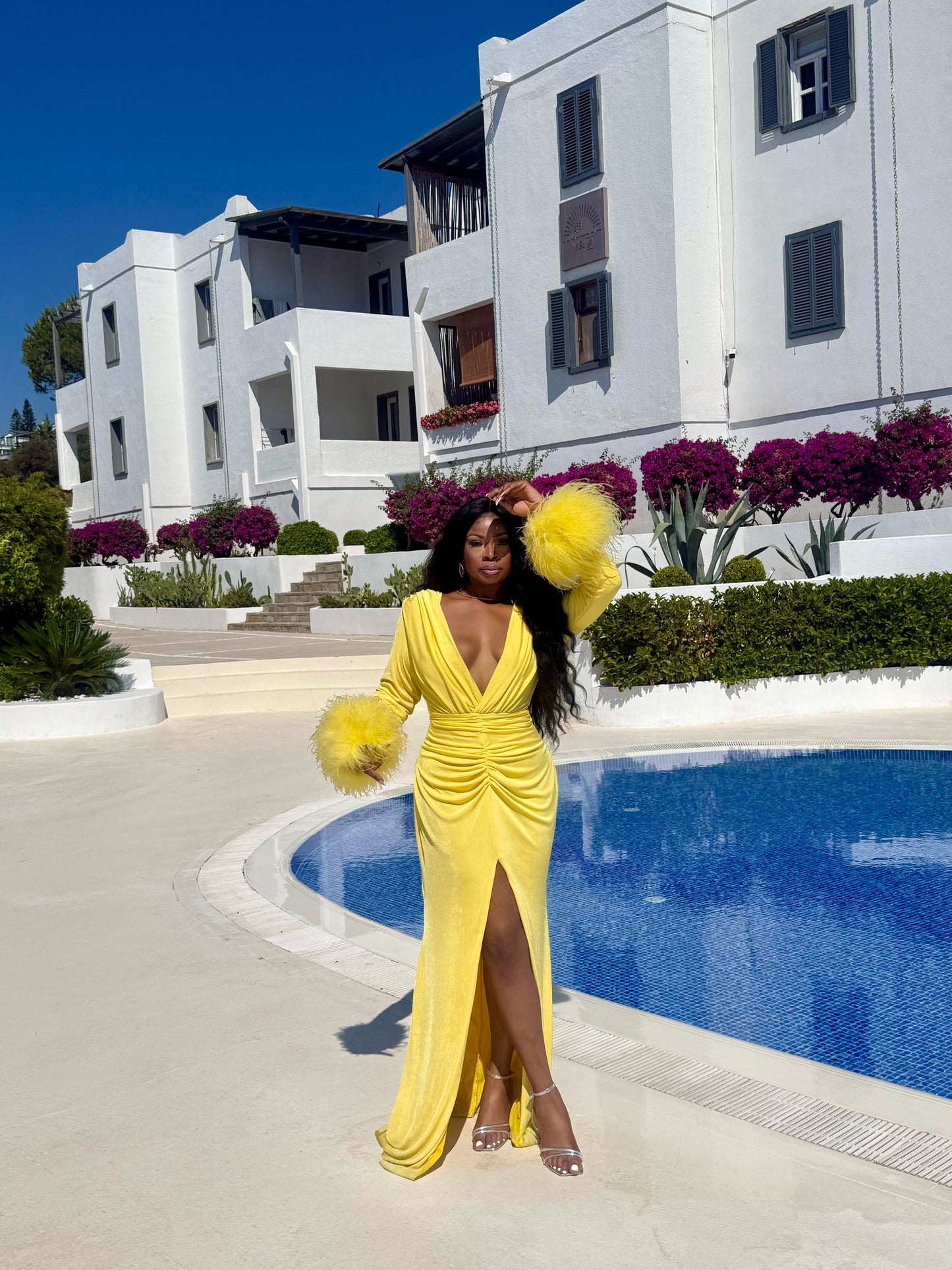 Oluwa Bloom Feather Maxi Dress — Sunflower Yellow✨