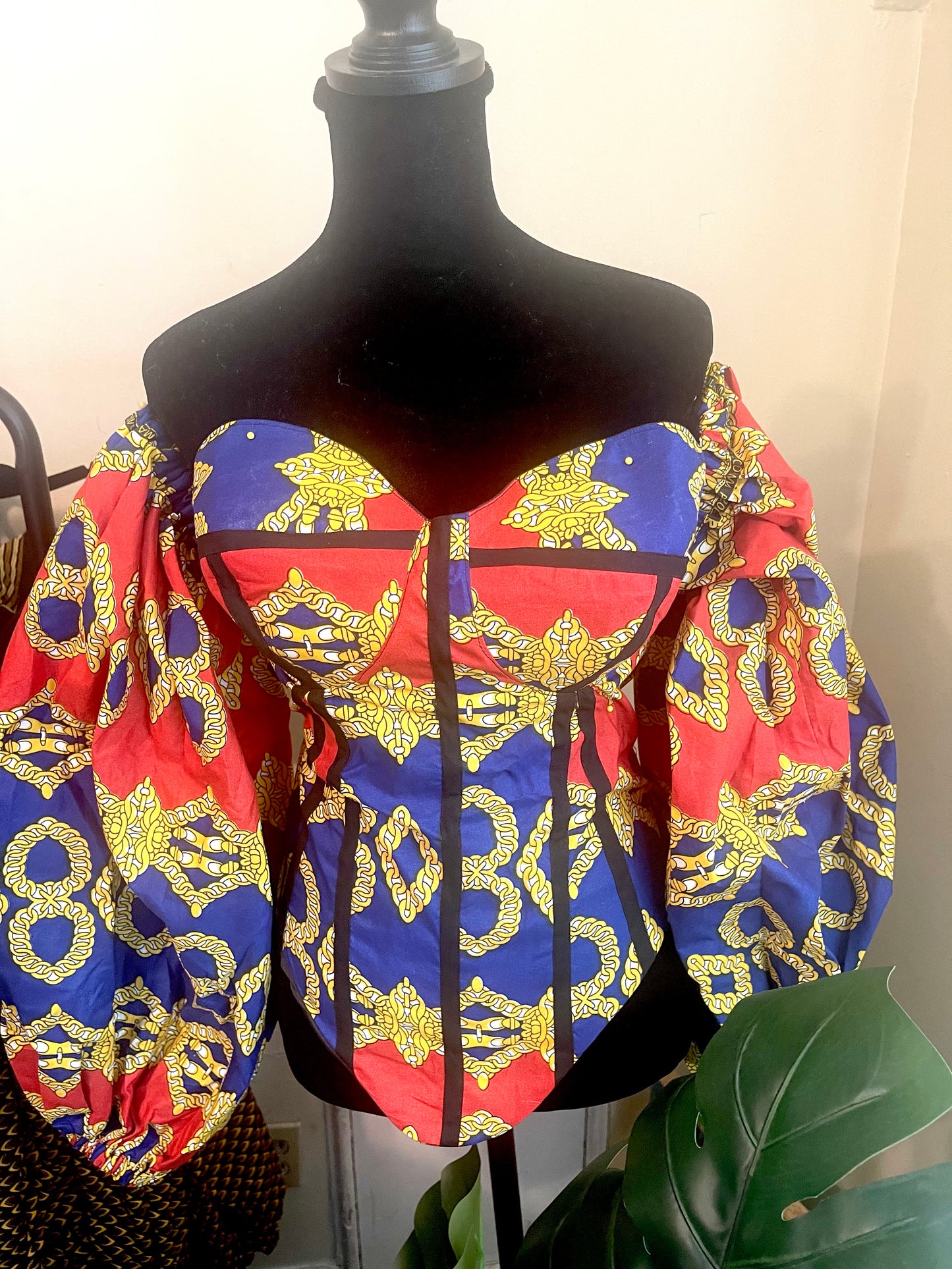 Ibi by Yemi corset top in royal blue print