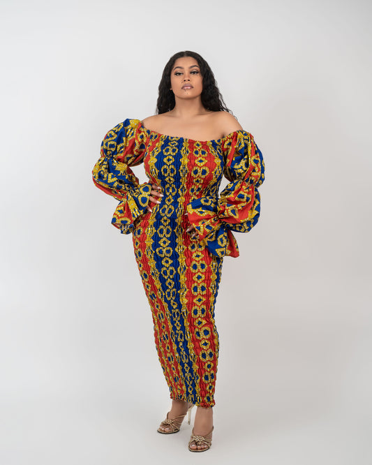 Simi Ankara stretch dress in Red and blue